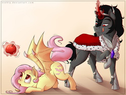 Size: 2652x1991 | Tagged: safe, artist:evehly, fluttershy, king sombra, bat pony, pony, unicorn, g4, apple, butt shake, chromatic aberration, duo, eyes on the prize, face down ass up, female, flutterbat, levitation, licking lips, looking at butt, magic, male, race swap, ship:sombrashy, shipping, spread wings, stallion, stare, straight, wing claws