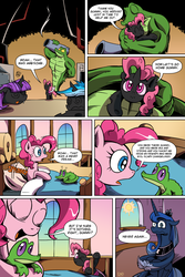 Size: 3000x4500 | Tagged: safe, artist:lovelyneckbeard, gummy, pinkie pie, princess luna, rainbow dash, twilight sparkle, changeling, g4, alternate universe, bed, cannon, changelingified, comic, dream sequence, dream walker luna, exclamation point, fangs, fetal position, hug, i can't believe it's not idw, jojo pose, jojo's bizarre adventure, manly gummy, messy mane, muscles, no fun in pinkie town, one eye closed, or was it?, pink changeling, purple changeling, shapeshifting, stand, swirly eyes, traumatized, wink