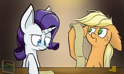 Size: 1000x600 | Tagged: safe, artist:heir-of-rick, applejack, rarity, g4, abacus, accounting, bits, glasses, impossibly large ears