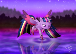 Size: 1024x722 | Tagged: safe, artist:giovanna-71, twilight sparkle, alicorn, pony, g4, female, lake, mare, night, rainbow power, solo, stars, twilight sparkle (alicorn)