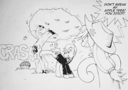 Size: 2055x1446 | Tagged: safe, artist:php104, applejack, earth pony, pony, g4, angry, apple, applebucking, crossover, duo, food, lineart, monochrome, one piece, ponified, tree, vinsmoke sanji