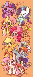 Size: 1000x2300 | Tagged: dead source, safe, artist:joycall6, apple bloom, applejack, fluttershy, pinkie pie, princess celestia, princess luna, rainbow dash, rarity, twilight sparkle, alicorn, earth pony, pegasus, pony, unicorn, g4, ><, eyes closed, female, horn, mane six, mare, twilight sparkle (alicorn)