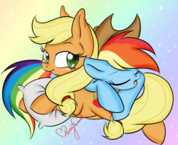 Size: 1024x835 | Tagged: safe, artist:pvrii, applejack, rainbow dash, g4, accessory swap, female, lesbian, pillow, prone, ship:appledash, shipping, sleeping, smiling