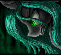 Size: 872x788 | Tagged: safe, artist:aschenstern, queen chrysalis, changeling, changeling queen, g4, drool, fangs, female, frown, grin, sharp teeth, solo