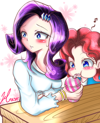 Size: 2758x3388 | Tagged: safe, artist:haruno hiroka, pinkie pie, rarity, equestria girls, g4, blushing, high res, humanized, milkshake, pixiv, puffy cheeks