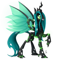 Size: 2000x2000 | Tagged: safe, artist:exceru-karina, queen chrysalis, changeling, changeling queen, g4, alternate design, fangs, female, grin, high res, raised hoof, simple background, solo, transparent background
