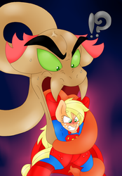 Size: 1493x2146 | Tagged: safe, artist:blackbewhite2k7, applejack, hydra, pony, g4, action, app-el, bipedal, crossover, exclamation point, imminent vore, interrobang, multiple heads, question mark, strength, struggling, superman, supermare