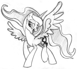 Size: 2712x2443 | Tagged: safe, artist:uminanimu, princess luna, g4, female, high res, monochrome, solo, spread wings, traditional art
