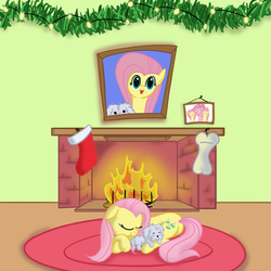 Size: 1280x1280 | Tagged: safe, artist:squiby-327, fluttershy, pinkie pie, posey, dog, ask posey, g1, g4, ask, fire, fireplace, sleeping, tumblr