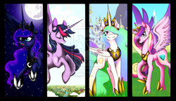 Size: 1024x589 | Tagged: safe, artist:o0dragon0o, princess cadance, princess celestia, princess luna, twilight sparkle, alicorn, pony, g4, alicorn tetrarchy, female, mare, twilight sparkle (alicorn)