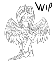 Size: 1020x1160 | Tagged: safe, artist:9de-light6, fluttershy, alicorn, pony, g4, alicornified, female, fluttercorn, monochrome, race swap, sketch, solo