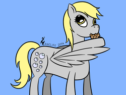 Size: 960x720 | Tagged: safe, artist:zanclife, derpy hooves, pegasus, pony, g4, female, mare, muffin, nom, simple background, solo, wing hands