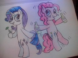 Size: 1024x768 | Tagged: safe, artist:katequantum, pinkie pie, rarity, g4, drunk, drunk rarity, traditional art