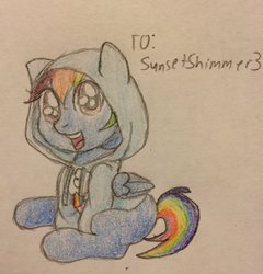 Size: 900x937 | Tagged: safe, artist:fallenangel5414, rainbow dash, g4, blank flank, clothes, female, filly, filly rainbow dash, hoodie, solo, traditional art, younger