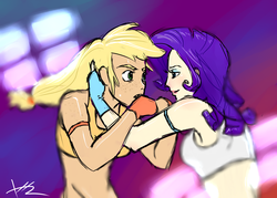 Size: 7000x5000 | Tagged: safe, artist:bluest-ayemel, applejack, rarity, human, g4, absurd resolution, clothes, duo, eyeshadow, female, fight, fingerless gloves, gloves, humanized, lesbian, looking at each other, looking at someone, makeup, martial arts, midriff, mma, mma gloves, ship:rarijack, shipping, sports bra, sweat