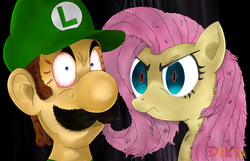 Size: 1660x1068 | Tagged: safe, artist:dfkjr, fluttershy, g4, angry, blood vessel, crossover, glowing eyes, looking at you, luigi, luigi's death stare, male, messy mane, moustache, nintendo, oh crap, super mario bros., the stare, this will end in death, this will end in pain, vein, vein bulge, wrong neighborhood