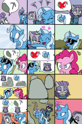 Size: 600x900 | Tagged: safe, artist:foudubulbe, maud pie, pinkie pie, trixie, pony, unicorn, comic:damp rocks, g4, angry, animated, blushing, comic, deal with it, eyes closed, female, floppy ears, glare, grin, heart, hug, kissing, lesbian, levitation, magic, mare, messy mane, open mouth, pickaxe, pictogram, raised eyebrow, ship:mauxie, shipping, smiling, smirk, sunglasses, sweat, thinking, tired, wide eyes, wink