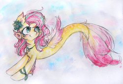 Size: 3709x2532 | Tagged: safe, artist:catseye-view, fluttershy, merpony, seapony (g4), g4, clothes, dress, female, fin wings, fins, fish tail, flowing tail, gala dress, gills, green eyes, high res, mare, ocean, pink mane, race swap, seaponified, seapony fluttershy, smiling, solo, species swap, swimming, tail, traditional art, underwater, water, watercolor painting, wings