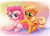 Size: 4200x3000 | Tagged: safe, artist:verulence, applejack, pinkie pie, pony, g4, comforting, cute, diapinkes, filly, floppy ears, hatless, jackabetes, missing accessory, sitting, smiling, younger