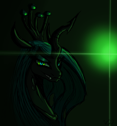 Size: 2040x2212 | Tagged: dead source, safe, artist:winterdominus, queen chrysalis, changeling, changeling queen, g4, female, high res, lens flare, portrait, sharp teeth, solo