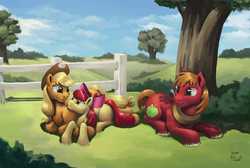 Size: 1600x1073 | Tagged: safe, artist:zevironmoniroth, apple bloom, applejack, big macintosh, earth pony, pony, g4, apple siblings, fence, male, prone, scenery, stallion, tree