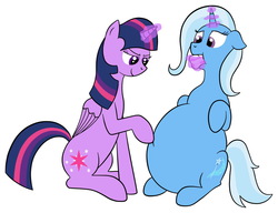 Size: 1000x766 | Tagged: safe, artist:8aerondight8, trixie, twilight sparkle, alicorn, pony, g4, belly, cake, fat, female, force feeding, hoof on belly, magic, magic suppression, mare, stuffing, the great and bountiful trixie, twilight sparkle (alicorn)