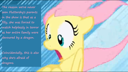 Size: 1920x1080 | Tagged: safe, edit, edited screencap, screencap, fluttershy, dragon, pegasus, pony, g4, attack on dragon, caption, cloud, cloudsdale, female, filly, solo, terror, text