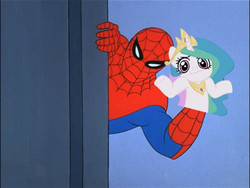 Size: 500x375 | Tagged: safe, artist:moongazeponies, princess celestia, g4, 60s spider-man, :i, hand puppet, looking at you, male, meme, puppet, shrug, shrugpony, sock, spider-man, wat, wtf