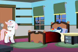 Size: 1024x683 | Tagged: safe, artist:rulette, nurse redheart, rainbow dash, soarin', earth pony, pegasus, pony, g4, bed, blinds, female, male, mare, ship:soarindash, shipping, sleeping, stallion, straight, window