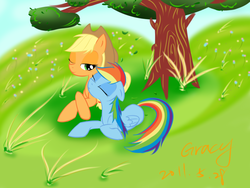 Size: 1024x768 | Tagged: safe, artist:xcopyen002, applejack, rainbow dash, g4, female, lesbian, ship:appledash, shipping, sleeping, tree