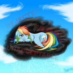 Size: 800x800 | Tagged: safe, artist:the1xeno1, rainbow dash, pony, g4, cloud, cloudy, crying, despair, disembodied thoughts, female, frown, rain, rejection, sad, solo