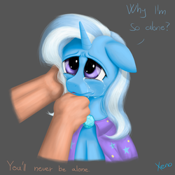 Size: 1024x1024 | Tagged: safe, artist:the1xeno1, trixie, human, pony, g4, comforting, crying, cute, despair, diatrixes, feels, hand, heartwarming in hindsight, sad, the sad and depressive trixie
