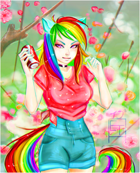 Size: 2060x2550 | Tagged: safe, artist:slyblue7, rainbow dash, human, g4, coca-cola, eared humanization, female, high res, humanized, solo, tailed humanization