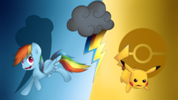 Size: 1920x1080 | Tagged: safe, rainbow dash, pegasus, pikachu, pony, g4, crossover, pokémon, wallpaper