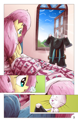 Size: 1393x2167 | Tagged: safe, artist:saturdaymorningproj, angel bunny, fluttershy, pegasus, pony, comic:angelic flutterboom, g4, bed, bunny ears, comic, dangerous mission outfit, female, mare