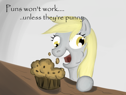 Size: 1600x1200 | Tagged: safe, artist:poecillia-gracilis19, derpy hooves, pegasus, pony, g4, eating, female, mare, muffin, pun, solo