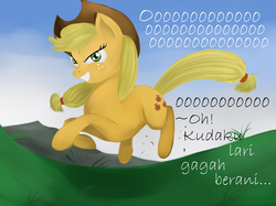Size: 2339x1754 | Tagged: safe, artist:poecillia-gracilis19, applejack, g4, female, grass, malay, malaysia, running, solo, song reference
