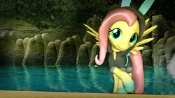 Size: 1920x1080 | Tagged: safe, artist:dashie116, fluttershy, pegasus, pony, g4, 3d, bunny ears, clothes, costume, dangerous mission outfit, female, gmod, hoodie, lake, looking at you, mare, pose, smiling, solo, tree, wallpaper, waterfall