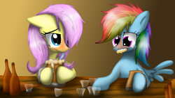 Size: 1024x576 | Tagged: safe, artist:lupiarts, fluttershy, rainbow dash, pony, g4, alcohol, blushing, drunk, drunker dash, drunkershy, duo