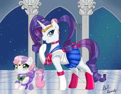 Size: 2459x1906 | Tagged: safe, artist:hoshi-hana, artist:linamomoko, rarity, sweetie belle, g4, clothes, cosplay, costume, crossover, duo, sailor moon (series), sisters