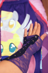 Size: 3893x5888 | Tagged: safe, derpy hooves, fluttershy, human, g4, arm, arm warmers, bed, clothes, fabric, frilly, hand, irl, lace, leggings, merchandise, photo, welovefine