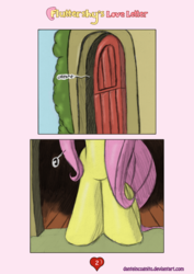 Size: 1200x1697 | Tagged: safe, artist:danteincognito, fluttershy, g4, comic, door, fluttershy's love letter, hearts and hooves day, hooves, valentine's day