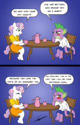 Size: 2014x3172 | Tagged: safe, artist:beowulf100, spike, sweetie belle, anthro, unguligrade anthro, g4, blushing, clothes, dialogue, female, high res, love, male, reference, ship:spikebelle, shipping, signature, straight, tea, the simpsons