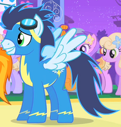 Size: 331x348 | Tagged: safe, screencap, amethyst star, soarin', sparkler, spitfire, spring forward, pony, g4, the best night ever, romana, wonderbolts uniform