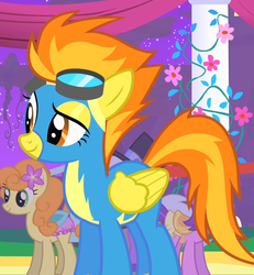 Size: 584x631 | Tagged: safe, screencap, amethyst star, carrot top, golden harvest, sparkler, spitfire, pegasus, pony, g4, the best night ever, animation error, solo focus, wonderbolts uniform