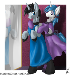 Size: 2569x2703 | Tagged: safe, artist:diction, oc, oc only, oc:frost bright, oc:frost stormwind, pony, bipedal, choker, clothes, crossdressing, dress, evening gloves, eyeshadow, high res, mirror, pearl, ribbon, smiling, stockings, unshorn fetlocks