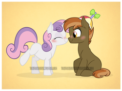 Size: 800x599 | Tagged: safe, artist:thephoebster, button mash, sweetie belle, g4, blushing, boop, colt, cute, eyes closed, female, filly, male, noseboop, ship:sweetiemash, shipping, smiling, straight