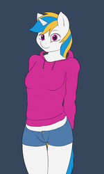 Size: 3000x5000 | Tagged: safe, artist:thermalcake, oc, oc only, unicorn, anthro, belly button, clothes, commission, cute, daisy dukes, female, hands behind back, hoodie, midriff, shorts, solo, standing