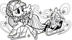 Size: 1214x1997 | Tagged: safe, spike, twilight sparkle, alicorn, pony, g4, clothes, coloring book, female, hearth's warming eve, mare, monochrome, scarf, sleigh, twilight sparkle (alicorn)