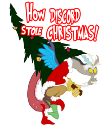 Size: 400x490 | Tagged: safe, artist:allysoncarver, discord, g4, christmas tree, clothes, how the grinch stole christmas, male, santa costume, solo, the grinch, tree